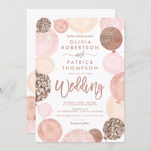 Modern rose gold glitter pink balloons wedding invitation