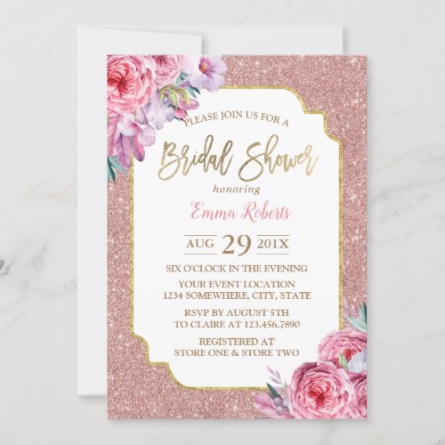Modern Rose Gold Glitter Pink Floral Bridal Shower Invitation