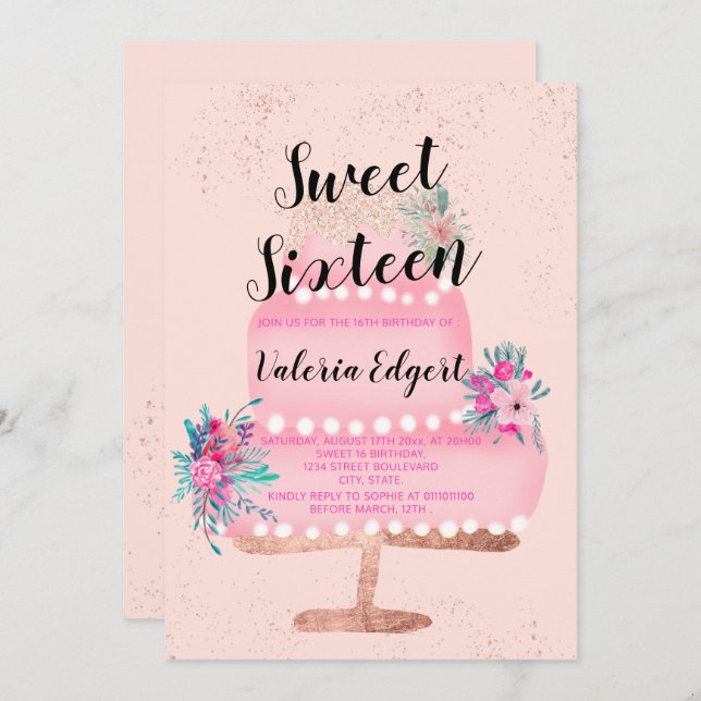 Modern rose gold glitter pink floral cake Sweet 16 Invitation (Front/Back)