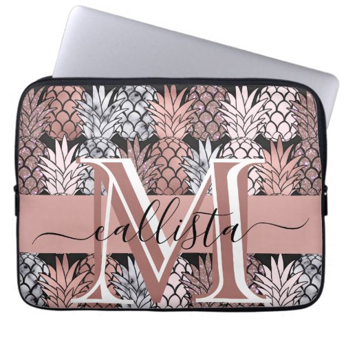 Modern Rose Gold Glitter Pink Pineapples Monogram Laptop Sleeve