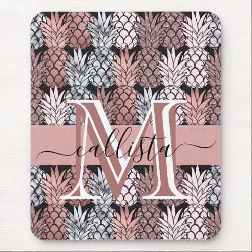 Modern Rose Gold Glitter Pink Pineapples Monogram Mouse Pad