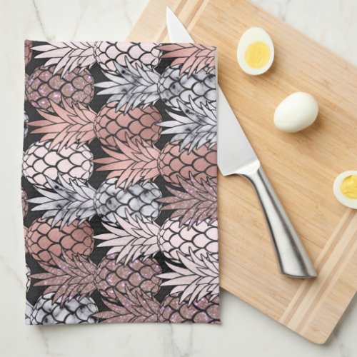 Modern Rose Gold Glitter Pink Pineapples Pattern Kitchen Towel