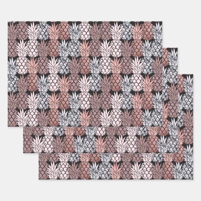 Modern Rose Gold Glitter Pink Pineapples Pattern Wrapping Paper Sheets (Set)