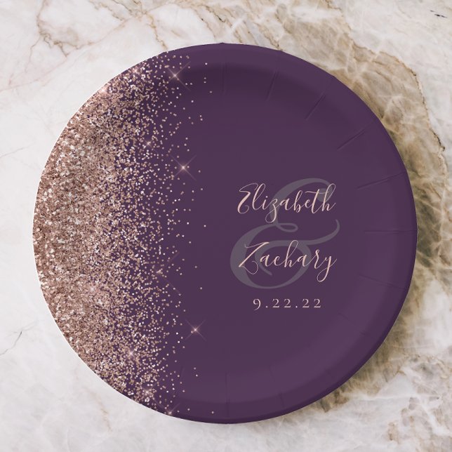 Modern Rose Gold Glitter Purple Wedding Paper Plates (Creator Uploaded)