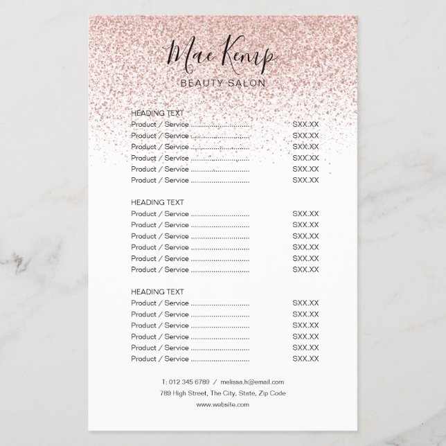 Modern Rose Gold Glitter Salon Service Menu Flyer (Front)