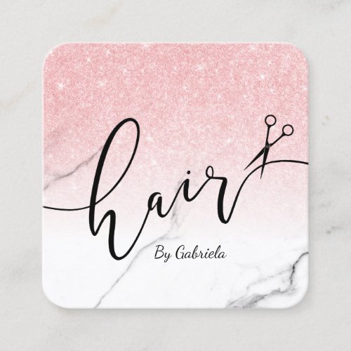 Modern rose gold glitter scissors hairstylist square business card