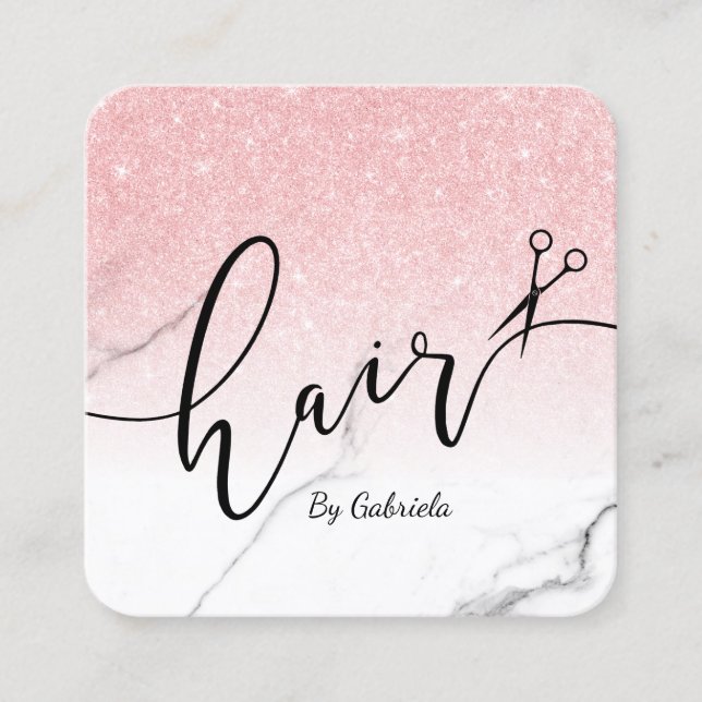 Modern rose gold glitter scissors hairstylist square business card (Front)