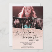 Modern rose gold glitter script 4 photo graduation invitation (Front)