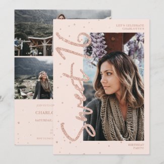 Modern rose gold glitter script 4 photos Sweet 16 Invitation