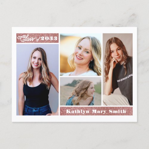 Modern Rose Gold Glitter Script Chic 4 Photo GRAD Announcement Postcard