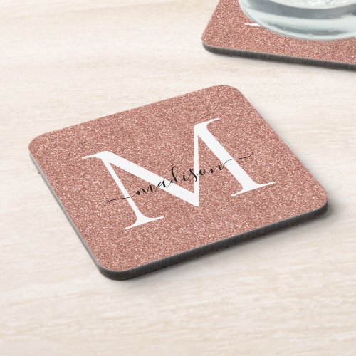 Modern Rose Gold Glitter Script Monogram Name Glam Beverage Coaster