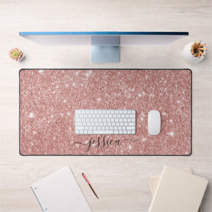 Modern rose gold glitter script name desk mat