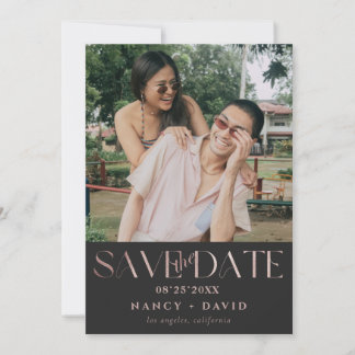 Modern Rose Gold Glitter Script Photo Wedding Save The Date