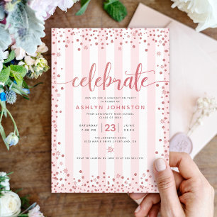 Modern rose gold glitter script stripes graduation invitation