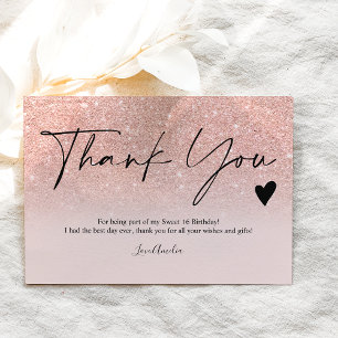 Modern rose gold glitter script thank you sweet 16 postcard