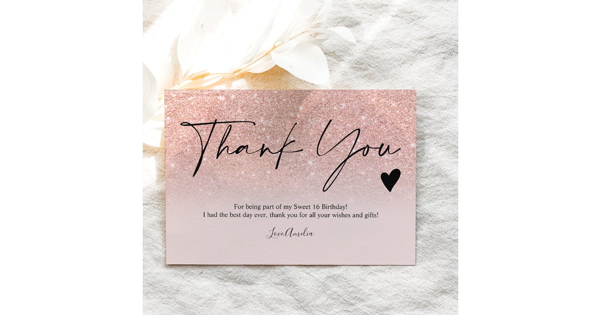 Modern rose gold glitter script thank you sweet 16 postcard | Zazzle