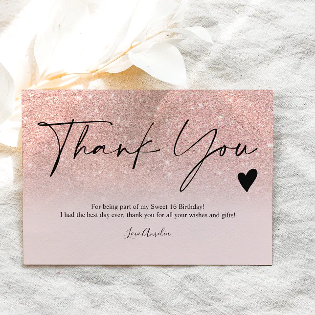 Modern rose gold glitter script thank you sweet 16 postcard | Zazzle