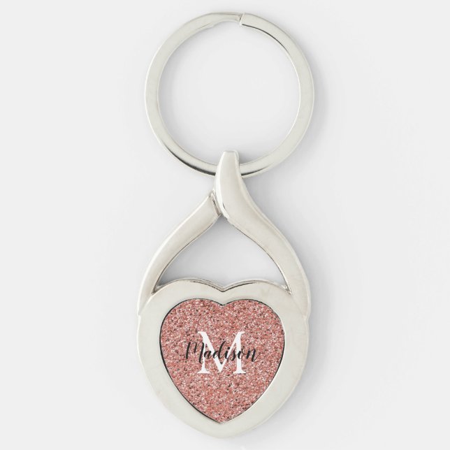 Modern Rose Gold Glitter Sparkle Monogram Name Keychain (Front)