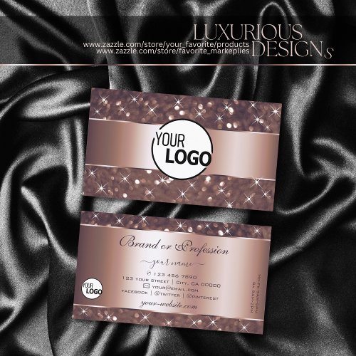 Modern Rose Gold Glitter Sparkle Stars and Logo Business Card