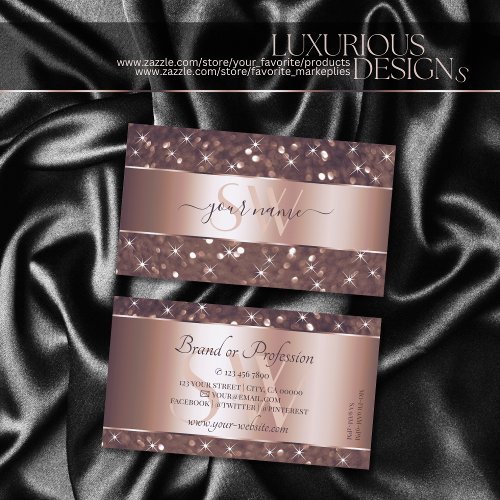 Modern Rose Gold Glitter Sparkle Stars Monogram Business Card