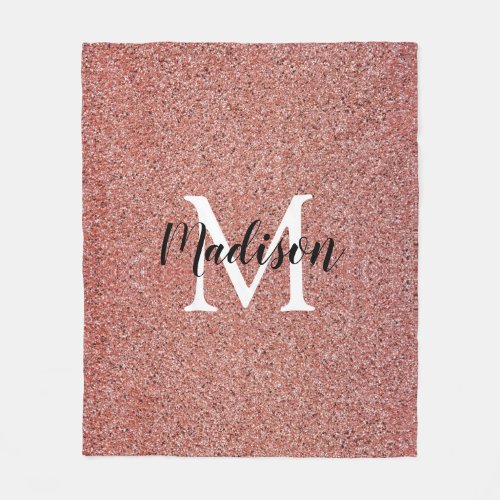 Modern Rose Gold Glitter Sparkle Teen Monogram Fleece Blanket