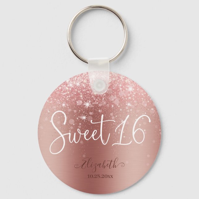 Modern Rose Gold Glitter Sweet 16 Keychain (Front)