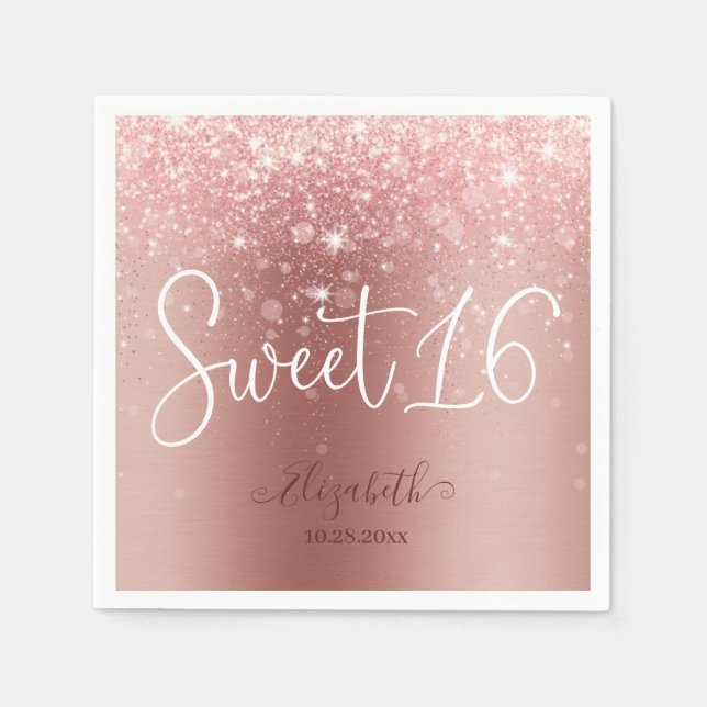 Modern Rose Gold Glitter Sweet 16 Napkins (Front)