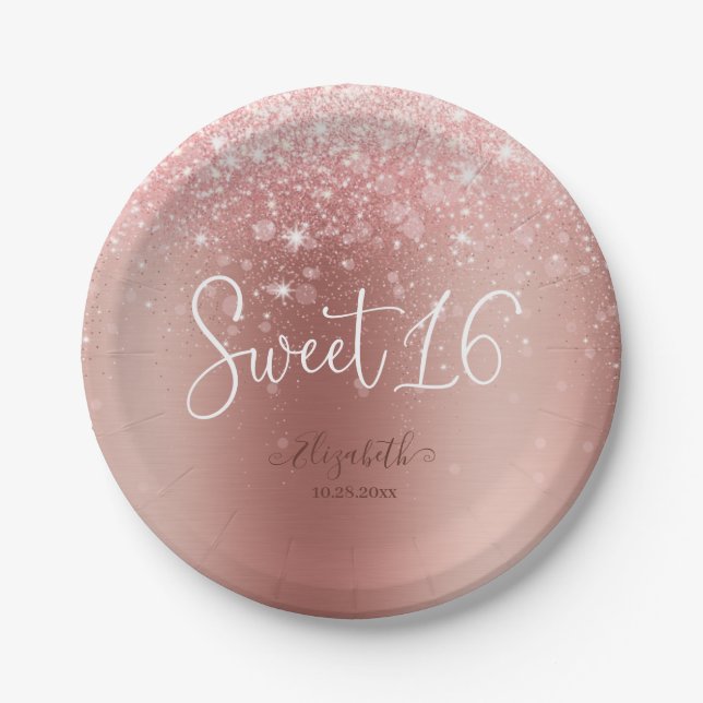 Modern Rose Gold Glitter Sweet 16 Paper Plates (Front)