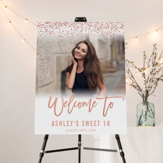 Modern Rose Gold Glitter Sweet 16 Photo Welcome Foam Board (In Situ (Stand))
