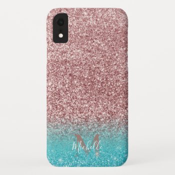 Modern Rose Gold Glitter & Teal Ombre Monogram Iphone Xr Case by caseplus at Zazzle