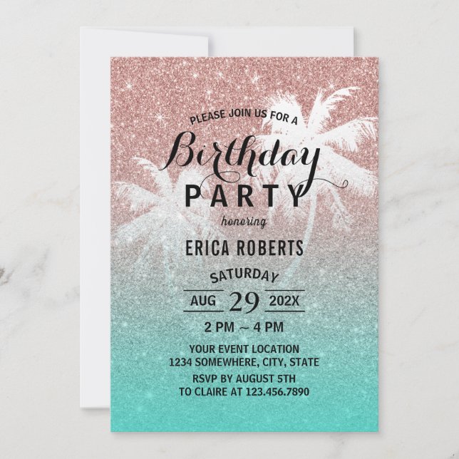 Modern Rose Gold Glitter Tropical Birthday Party Invitation (Front)