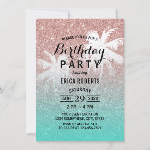 Modern Rose Gold Glitter Tropical Birthday Party Invitation