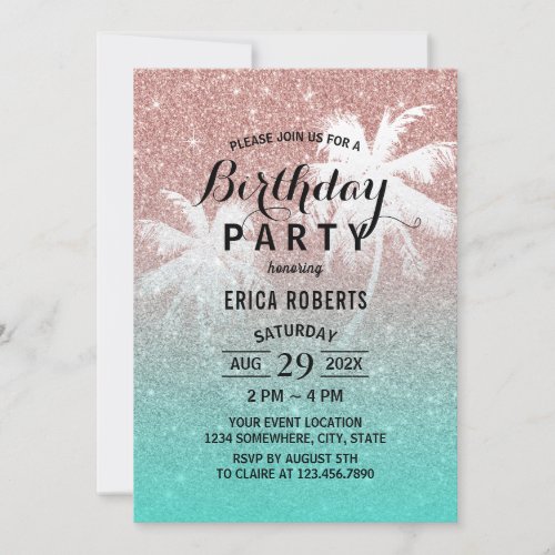 Modern Rose Gold Glitter Tropical Birthday Party Invitation