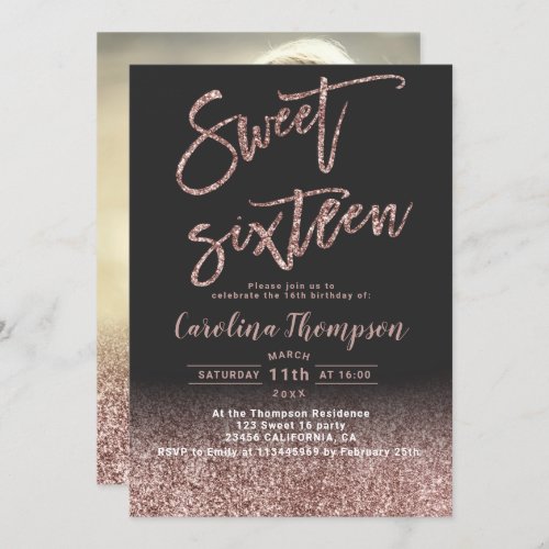 Modern rose gold glitter typography Sweet 16 photo Invitation