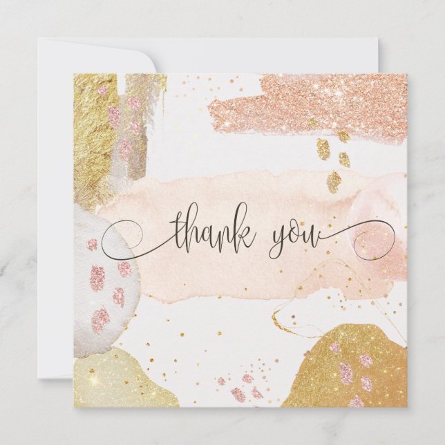 Modern Rose Gold Glitter Watercolor Thank You Card (Front)
