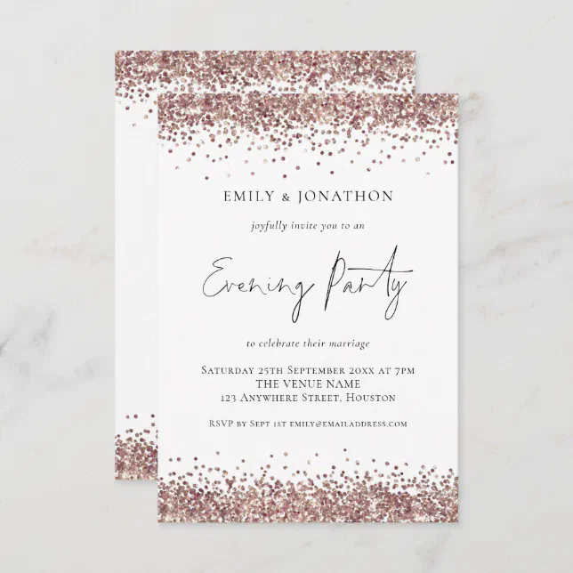 Modern Rose Gold Glitter Wedding Evening Party Invitation | Zazzle