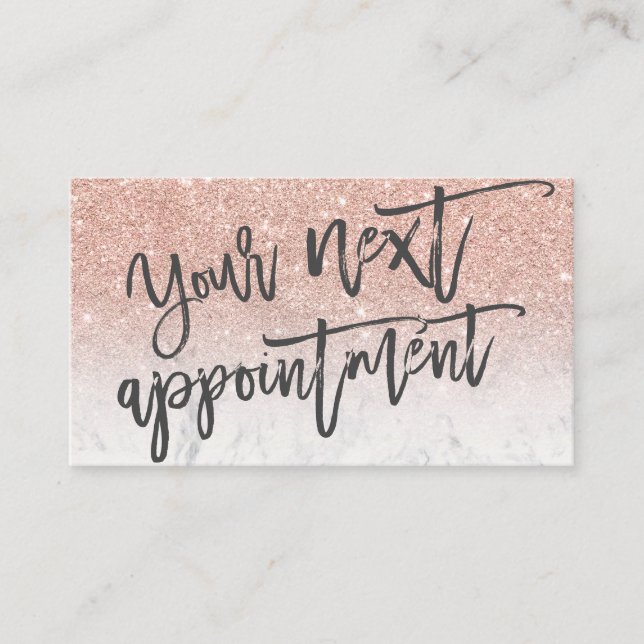 Modern rose gold glitter white script typography appointment card (Front)