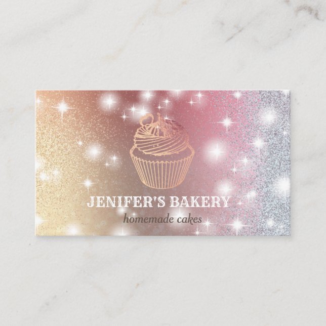 Modern rose gold glittery cupcake homemade bakery business card (Front)