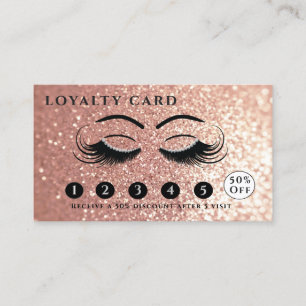 Modern rose gold glittery eyelashes & eyebrows loyalty card