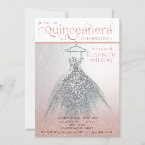 Modern rose gold glittery ombre dress Quinceaera  Invitation