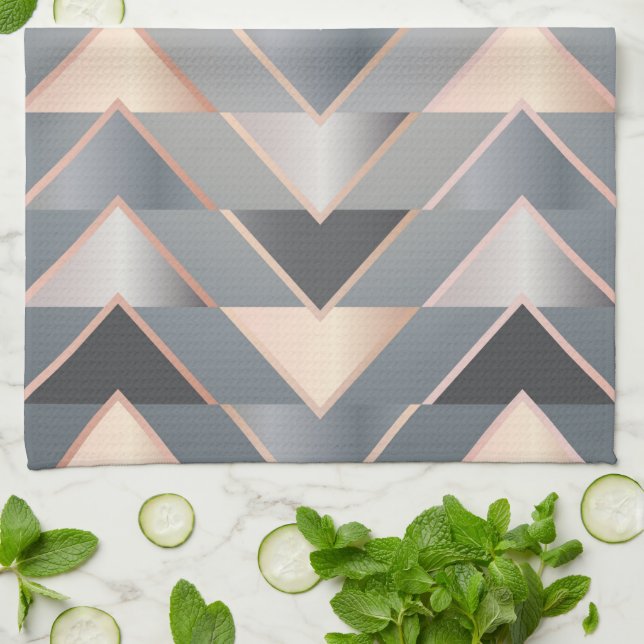 Modern Rose Gold & Gray Geometric Chevron Kitchen Towel (Folded)