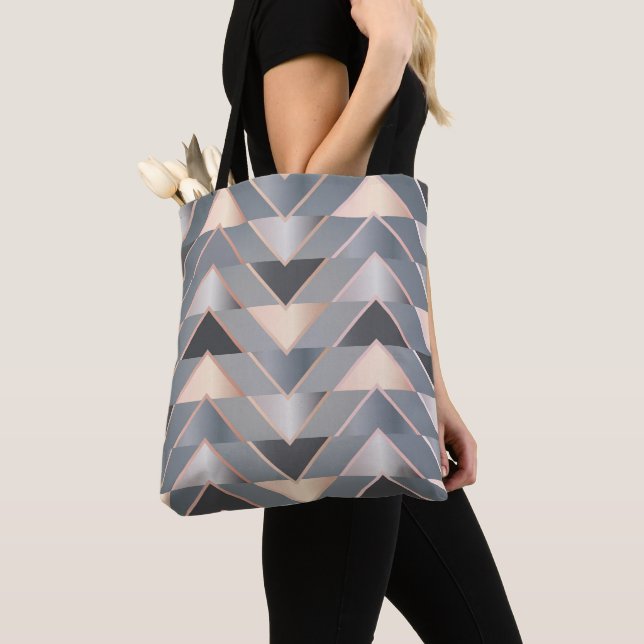 Modern Rose Gold & Gray Geometric Chevron Tote Bag (Close Up)