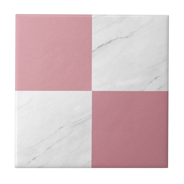 Modern Rose Gold Gray Marble Geometric Checker Ceramic Tile (Front)