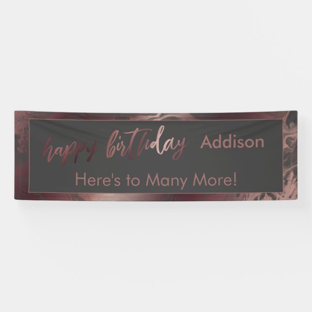 Modern Rose Gold & Gray Marbled Happy Birthday Banner (Horizontal)