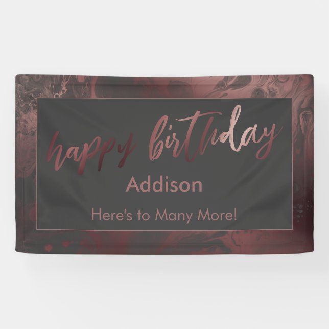 Modern Rose Gold & Gray Marbled Happy Birthday Banner (Horizontal)