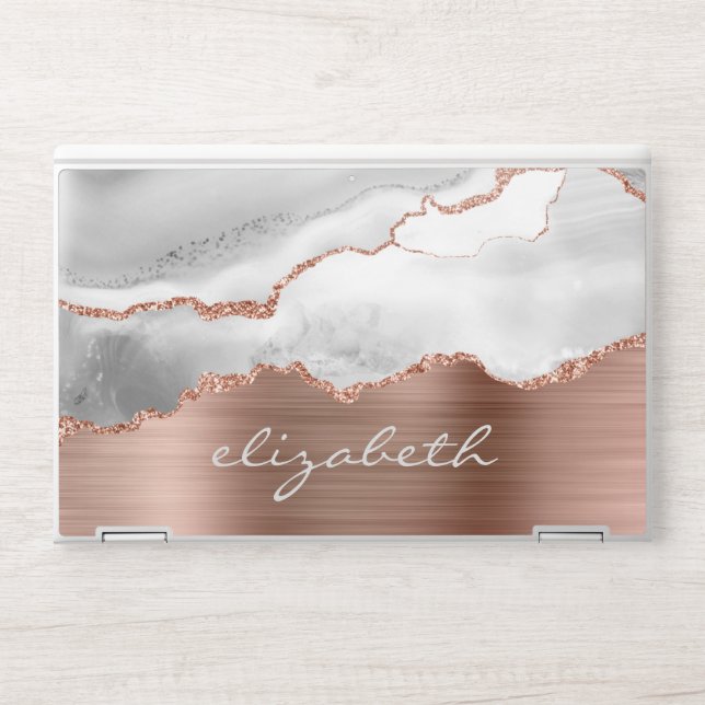 Modern Rose Gold Gray White Agate Metallic HP Laptop Skin (Front)