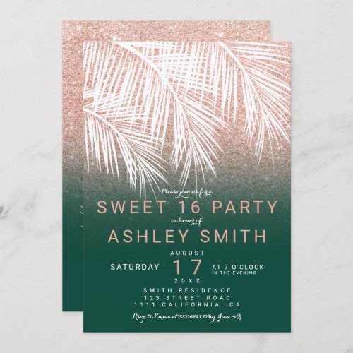 Modern rose gold green palm tree elegant Sweet 16 Invitation