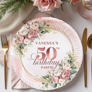 Modern Rose Gold Greenery 50th Birthday Glitter   Paper Plates
