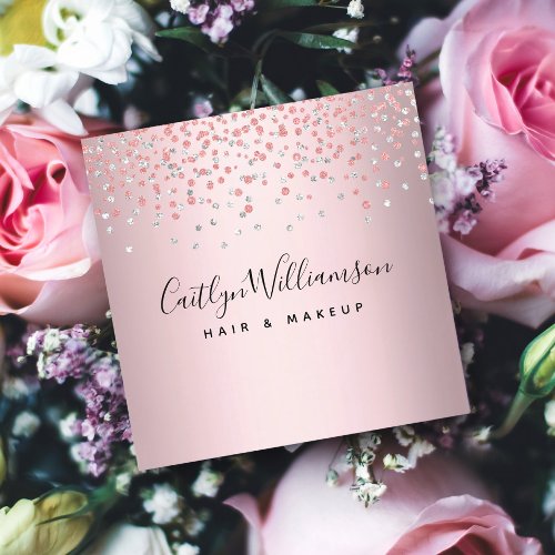 Modern rose gold hair stylist makeup artist script square business card