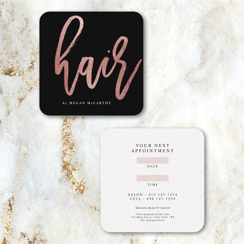 Modern Rose Gold Hair Stylist Script Appointment Square Business Card